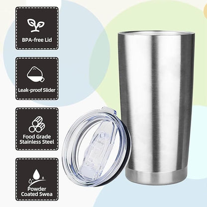 20oz Tumbler with Lid Stainless Steel Insulated Tumblers Travel Coffee Tumbler Bulk Double Wall Vacuum Insulated Water Cup Christmas Gifts for Women Men Her Him Home Office (Silver, 1pack)