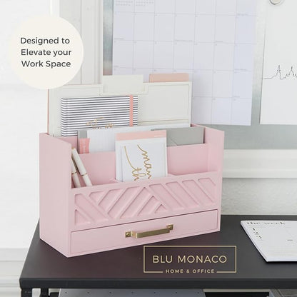 BLU MONACO | Pink Desk Organizers Wooden Mail Organizer with Drawer | Mail Sorter Organizer Countertop Gold Handle | Desk Organizers and Accessories Pink Office Storage
