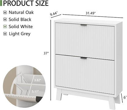 Shoe Cabinet with 2 Flip Drawers, 37" Tall Narrow Fluted Shoe Storage Organizer for Entryway, Hidden Slim Wooden Shoe Rack Cabinet for Front Door Entrance, Hallway, Living Room, Solid White