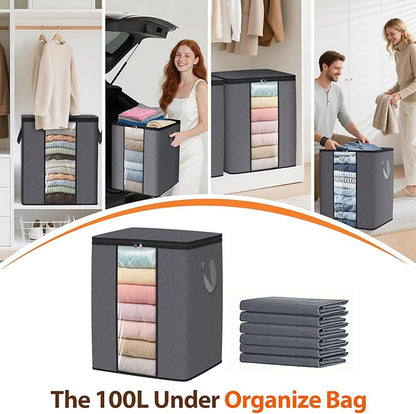 SpaceWhisper 6 Pack 100L Clothes Storage, Foldable Thick Fabric Blanket Storage Bags, Containers for Organizing Bedroom, Closet, Clothing, Comforter,Closet Organization with Handle,Grey