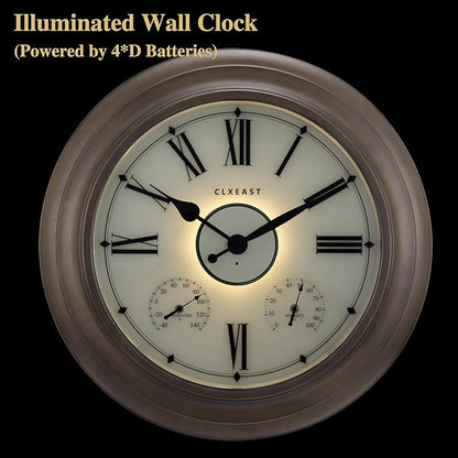 CLXEAST Illuminated Outdoor Clocks Waterproof 24 Inch with Smart Sensor, Large Metal Wall Clocks with Temperature and Humidity for Living Room Decor,Garden Patio,Grey Oak/Faux Barnwood Finish