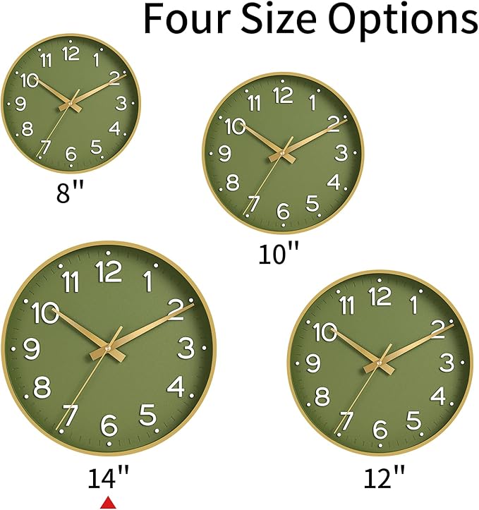 Roymnie Wall Clock 14 Inch Silent Green Wall Clocks Battery Operated- Modern Non Ticking Analog Clock Decorative for Living Room Bedroom Office Kitchen(Gold)