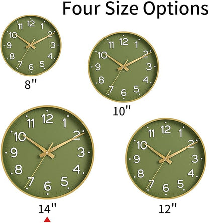 Roymnie Wall Clock 14 Inch Silent Green Wall Clocks Battery Operated- Modern Non Ticking Analog Clock Decorative for Living Room Bedroom Office Kitchen(Gold)