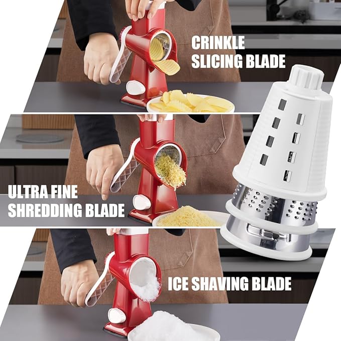 KEOUKE Rotary Cheese Grater Pro 6 in 1 - Shredder Crinkle Slicer Grinder Ice Shaver, Stable Suction, Time-saving Easy Use & Clean, Safe Morden Kitchen Tool for Cheese, Vegetable, Nuts, Chocolate