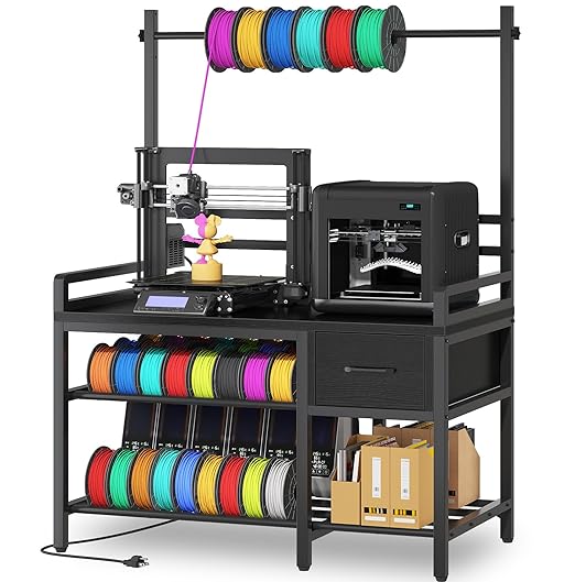 3D Printer Stand with Filament Storage – Tall 66" Heavy Duty Metal 3D Printer Table with Power Hub, Drawer & X-Bracket Stability for Workshop, Studio, Office