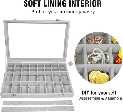 Vicoter Velvet Jewelry Tray 48 Compartments Jewelry Display Organizer with Transparent Cover Rings, Earrings, Necklaces, Pendants Storage Box for Girls, Wives, Mothers, Women