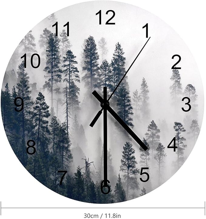 Scenic Nature Wall Clock, Mountain Misty Forest Tree Landscape Foggy Woodland Scenery Round Clocks Wall Decor Silent No Ticking 12 Inch Wooden Clock for Bedroom Living Room Home Office