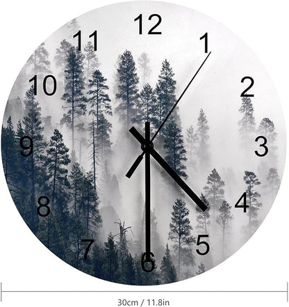 Scenic Nature Wall Clock, Mountain Misty Forest Tree Landscape Foggy Woodland Scenery Round Clocks Wall Decor Silent No Ticking 12 Inch Wooden Clock for Bedroom Living Room Home Office