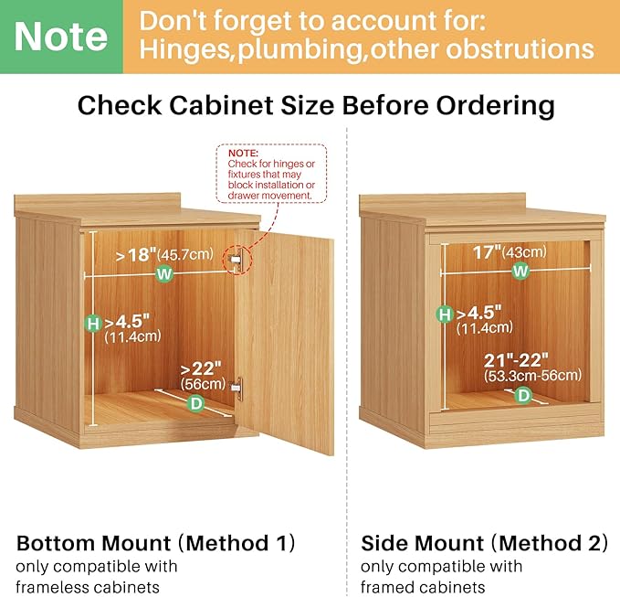 Pull Out Cabinet Organizer, Soft Close Wooden Slide Out Drawers for Pots and Pans, Full-extension Roll Out Shelves for Kitchen Cabinets, Pantry Organization, Bottom & Side Mount(17"W X 21"D x 3.4''H)