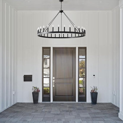 53 Inch Black Extra Large Wagon Wheel Chandelier, 30-Lights Farmhouse Industrial Round High Ceiling Pendant Light Adjustable Chain, for Dining Room, Living Room