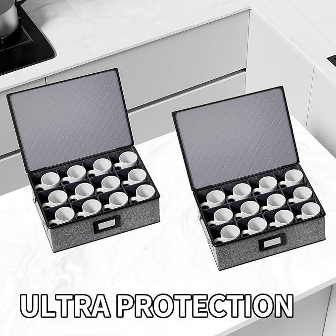 Aokeyee 2-Pack Cup & Mug Storage Box with Dividers, Hard Shell Organizer with Lid, Handles, Zippers & Label Slot, Holds 24 Mugs, Teacups & Glasses, Stackable Containerfor Moving & Protection, Grey