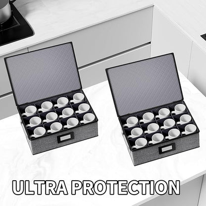 Aokeyee 2-Pack Cup & Mug Storage Box with Dividers, Hard Shell Organizer with Lid, Handles, Zippers & Label Slot, Holds 24 Mugs, Teacups & Glasses, Stackable Containerfor Moving & Protection, Grey