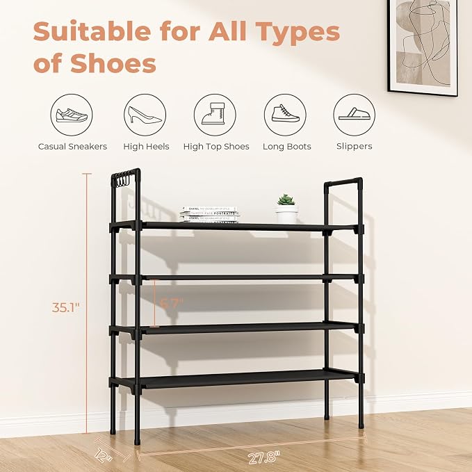 LANTEFUL 4 Tier Shoe Rack for Closet Shoe Organizer with 5 Hooks, Long Shoe Shelf Storage for Shoe and Boot Stackable Free Standing Shoe Rack for Entryway, Garage, Small Spaces, Dorm, Black