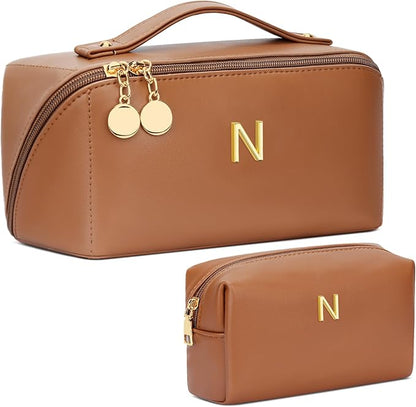 Valentine's Day Gifts for Women Teen Girl, Personalized Initial Makeup Organizer Bag Set, Open Flat Travel Cosmetic Bag With Clear Divider and Handle(Brown,N)