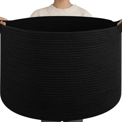 OIAHOMY 115L Extra Large Blanket Basket for Living Room, 23.6" x 15.4" Woven Cotton Rope Laundry Basket for Organizing Pillows, Decorative Stuffed Animal Toy Storage for Nursery, Black