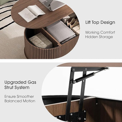 SULIVES Oval Coffee Table with Storage, Multifunctional Coffee Table with Lifting Top, Small Fluted Center Table for Living Room, Walnut