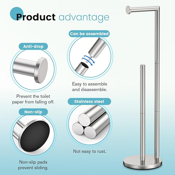 Toilet Paper Holder Stand, Toilet Paper Holder Free Standing, Toilet Paper Stand, Brushed Nickel Toilet Paper Holder with Storage, Rustproof Toilet Paper Holders for 4 Rolls (Brushed Nickel)