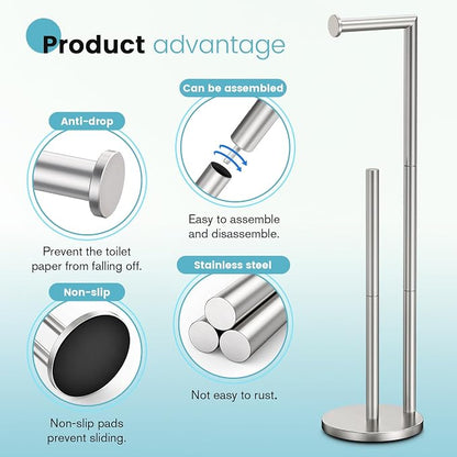 Toilet Paper Holder Stand, Toilet Paper Holder Free Standing, Toilet Paper Stand, Brushed Nickel Toilet Paper Holder with Storage, Rustproof Toilet Paper Holders for 4 Rolls (Brushed Nickel)