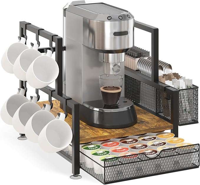 EsLuker.ly Coffee Bar Station Organizer with K Cup Drawer, Pod Holder Storage Rack with 7 Mug Hooks for Countertop, Wooden Coffee Machine Maker Stand for Home Office, Space-Saving for Coffee Lovers