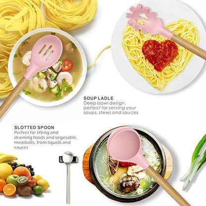 oannao Silicone Kitchen Utensils Set - 446°F Heat Resistant Cooking Utensil Sets, Spatula,Turner,Tongs,Spoon,Whisk, Wooden Handle Silicone Kitchen Gadgets Tools for Non-Stick Cookware BPA Free (Pink)