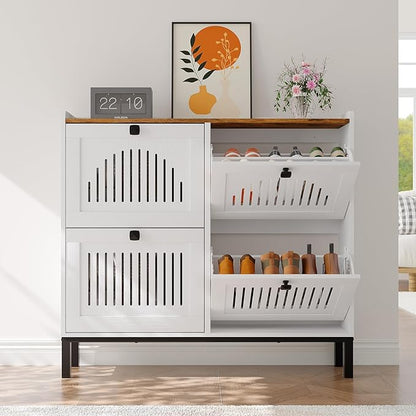 Garvee 4 Flip Drawer Shoe Cabinet with Adjustable Shelves, Hidden Shoe Organizer with Large Capacity, Freestanding Wooden Shoe Rack for Entryway, Hallway, Living Room, White