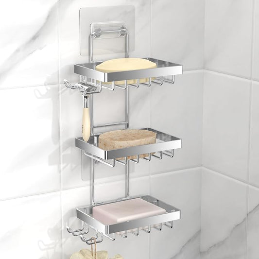 Moforoco Silver Soap Dish Holder for Shower Wall, No Drilling, 3-Tier 304 Rustproof Stainless Steel, Soap Bar Holder with 4 Hooks, Shampoo Bar Holder for Shower Caddy for Bathroom