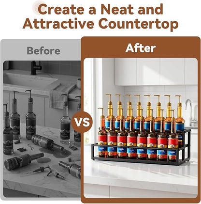 Nuovoware Expandable Coffee Syrup Organizer, 2-Tier Syrup Rack Holds 10-16 Bottles, Adjustable Width Carbon Steel Coffee Bar Organizer for Countertop Kitchen Bar, Liquor Dressing Seasoning, Black