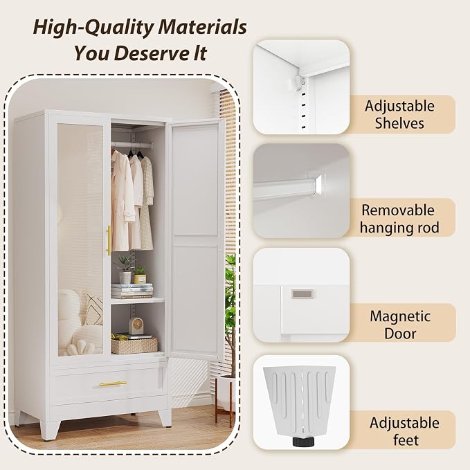 Metal Wardrobe Storage Cabinet with Mirror and Hanging Rod,71'' Metal Clothing Cabinet with 2 Doors and Drawer for Bedroom, Laundry Room, Cloak Room (White)