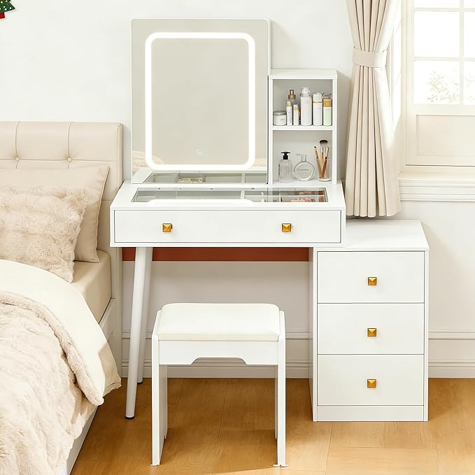 KAMABOKO Vanity Desk with Sliding Mirror and Lights, Makeup Vanity Table with 4 Drawers & Storage Rack &Power Outlet & Stool, White Dressing Table with Glass Transparent Top for Bedroom