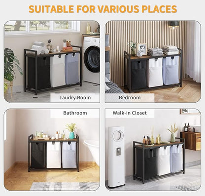 Laundry Basket Three Laundry Hamper with Removable Bags, Fabric Handles, Large Top Shelf and Laundry Bag for Bathroom, Dorm, Laundry Room