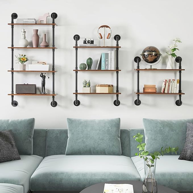 YMYNY Industrial Pipe Shelf Bracket, 4 Tiers Retro Wall Mounted Floating Shelf, Wood DIY Bookshelf, Storage Shelves for Living Room, Bedroom, Office, 24" Farmhouse Bathroom Shelving, UHWS002H