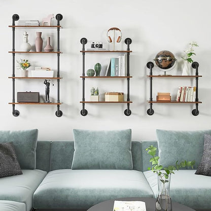 YMYNY Industrial Pipe Shelf Bracket, 4 Tiers Retro Wall Mounted Floating Shelf, Wood DIY Bookshelf, Storage Shelves for Living Room, Bedroom, Office, 24" Farmhouse Bathroom Shelving, UHWS002H