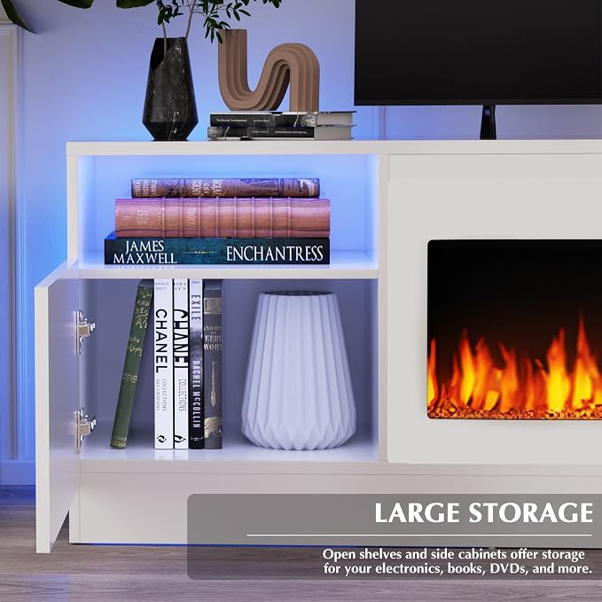 LEMBERI 70" TV Stand with 36" White Electric Fireplace, 750W/1500W Entertainment Center for TVs up to 80", 20-Color LED, 300lbs Max Capacity High Gloss Cabinet Console, All-White Style