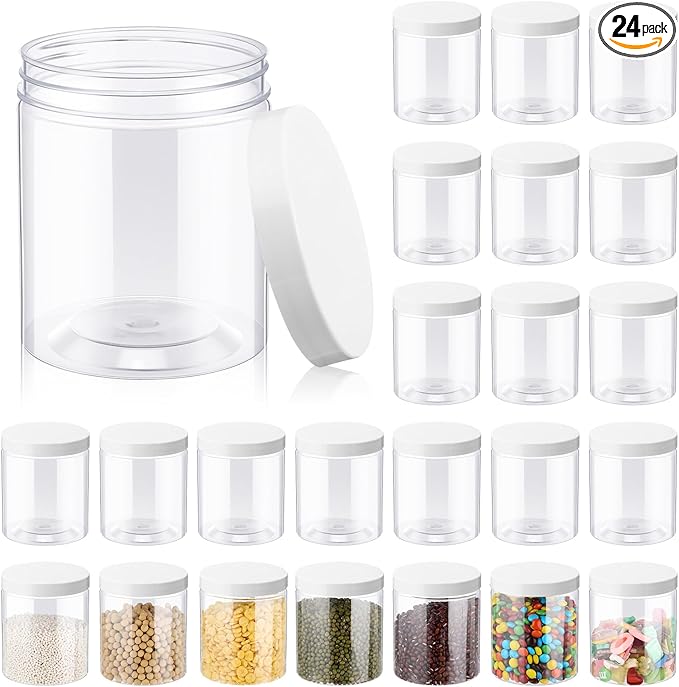 Irenare 24 Pcs 16 oz Plastic Jars with Lids Clear Plastic Containers Wide Mouth Food Mason Jars Airtight Storage Containers for Cake, Dried Fruit, Honey, Nuts, Carft, Scrub Cream(White Lids)