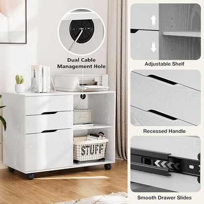 DUMOS Rolling File Cabinet with 3 Drawers, Wood Under Desk Printer Stand with Wheels and Adjustable Shelves, Lateral Filing Cabinet for Home Office, Small Space Storage Organizer, White