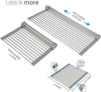 Large Expandable Roll Up Dish Drying Rack, Heat-Resistant Dish Drainer for Stainless Steel Sinks, Over The Sink Non-Slip Silicone Rollable Dish Drainer Roll Rack 18 Tube Gray 21.25''x12.79''