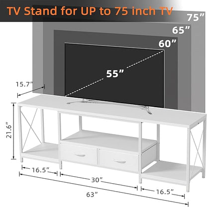 GYIIYUO TV Stand with Fabric Drawer for 65 70 75 Inches TV - Entertainment Center and Industrial TV Console Table with Open Storage Shelves for Living Room, Bedroom - 63" White