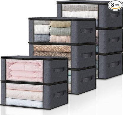 HomeHacks Storage 8-Pack Clothes Organizer Storage Bags Foldable Storage Box with Large Clear Window Sturdy Handles for Closet, Dorm, Pillows, Bedding, Clothes, Blankets, 35L, Grey