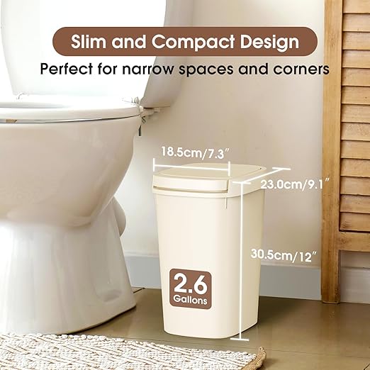 CEROELDA 3 Pack Bathroom Trash Can with Lid, 10L/2.6 Gal Small Garbage Can with Press Top Lid, Slim Plastic Waste Basket for Toilet, Office, Bedroom (Beige)