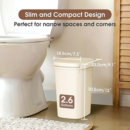 CEROELDA 3 Pack Bathroom Trash Can with Lid, 10L/2.6 Gal Small Garbage Can with Press Top Lid, Slim Plastic Waste Basket for Toilet, Office, Bedroom (Beige)