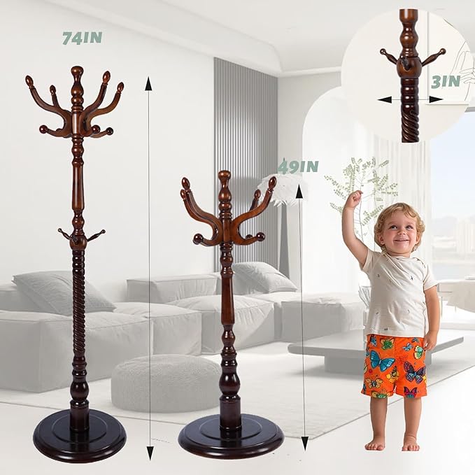 Coat Rack Freestanding,Solid Wooden Coat Rack Stand with 3 Height Options,14 Hooks, Natural Birch Coat Tree Easy to assemble for Clothes Jacket Hat bag Entryway (mahogany) (retro round)