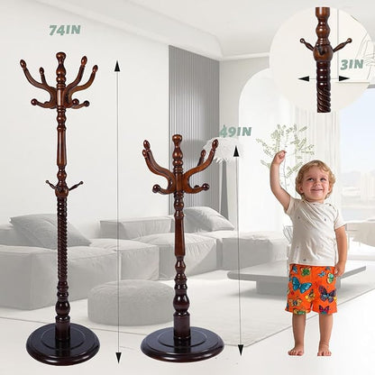 Coat Rack Freestanding,Solid Wooden Coat Rack Stand with 3 Height Options,14 Hooks, Natural Birch Coat Tree Easy to assemble for Clothes Jacket Hat bag Entryway (mahogany) (retro round)