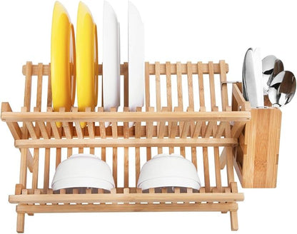 Lawei Bamboo Dish Drying Rack with Utensil Holder - Collapsible Dish Drainer Foldable Dish Rack Bamboo Plate Rack for Plates, Cups, Mugs, Utensil, Flatwares