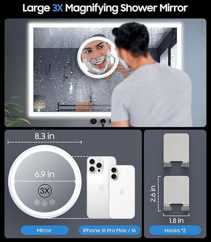 Gospire 3X Magnifying Heated Shower Mirror Fogless for Shaving, 5000mAh Battery, 360° Swivel & Magnetic Design, 8.3” Anti-Fog Shower Shaving Mirror with 3 Color Lights, Includes 2PCS Adhesive Hooks
