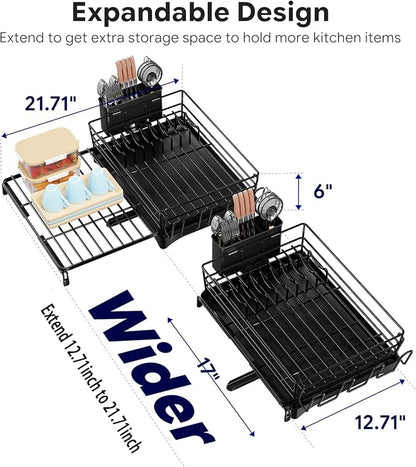 Simple Trending Dish Rack - Expandable Dish Drying Rack for Kitchen Counter, Large Capacity Dish Drainers, Stainless Steel Dish Strainer with Utensil & Cup Holders, Black