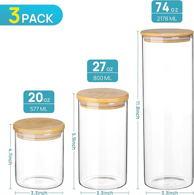 Vtopmart 3 Pack Kitchen Containers with Airtight Bamboo Lids (74oz/27oz/20oz), Glass Pantry Storage Containers for Pasta, Nuts, Coffee Beans, Cereal, Canisters Set for Pantry Organization, BPA Free