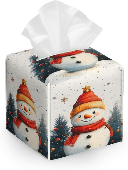 Christmas Snowman Tissue Box Cover Holder,Leather Tissue Case Holder Facial Paper Organizer Decorative for Tabletop Night Stands Desk Bathroom Kitchen Car Office Home Decor