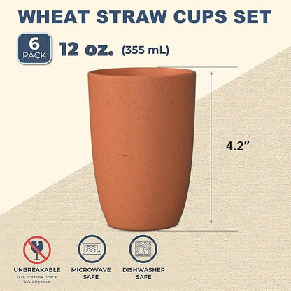 Wrova Wheat Straw Cups 6 PCS Good Alternative to Plastic Reusable Cups 12 oz Unbreakable Drinking Cup Reusable Dishwasher Safe Water Plastic Glasses Orange