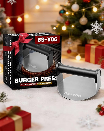 BS-VOG Burger Press, 6" Stainless Steel Burger Smasher for Griddle, Nonstick Round Hamburger Smasher Tool for Cooking Bacon, Patty, Ground Beef, Meats, Dishwasher Safe, Christmas Gift Package for Men