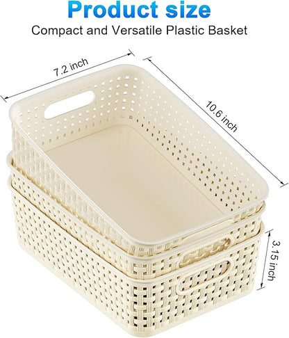 White Plastic Basket, 8 Pack Home Organization and Storage Baskets with Handles, Space Saving Woven Organizer Bins Plastic Storage Basket for Organizing Cabinets,Closets, Shelves, Countertops